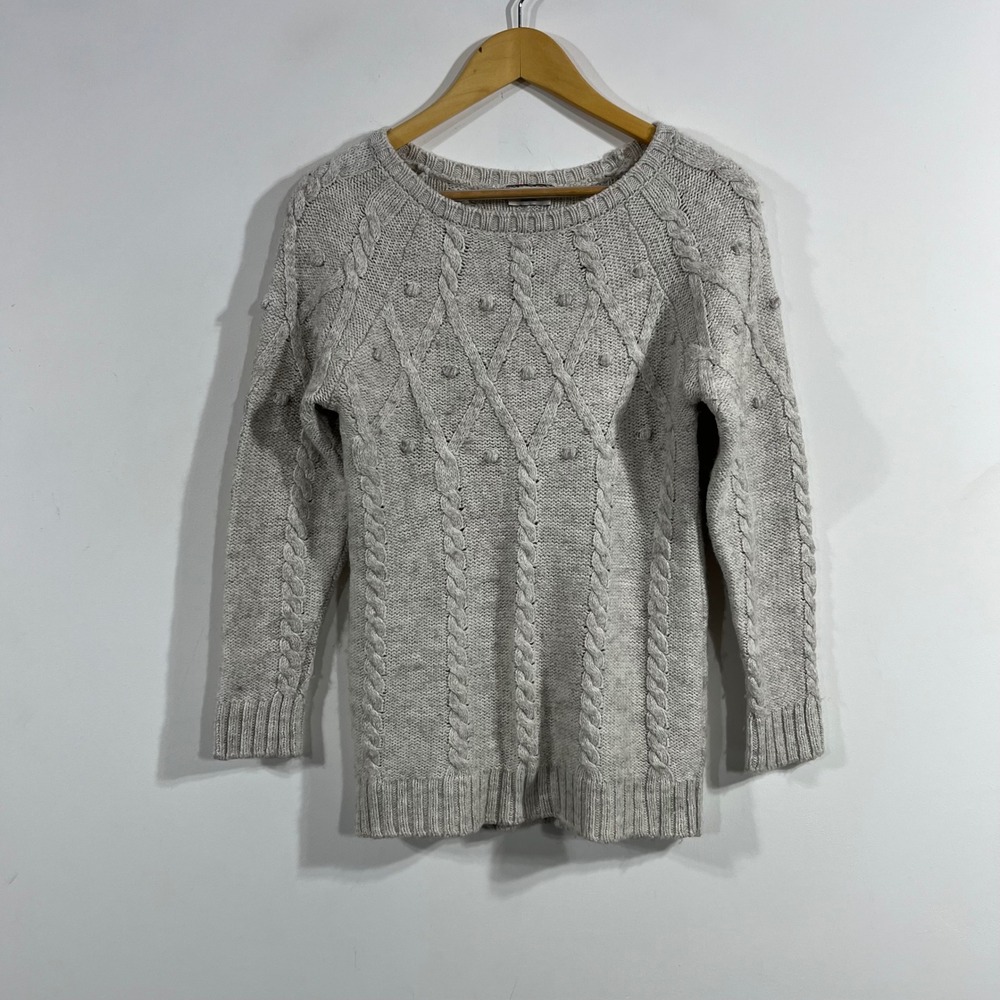 Indigo Fisherman Granola Cable Knit Bobble Sweater Neutral Wool Blend Size Small